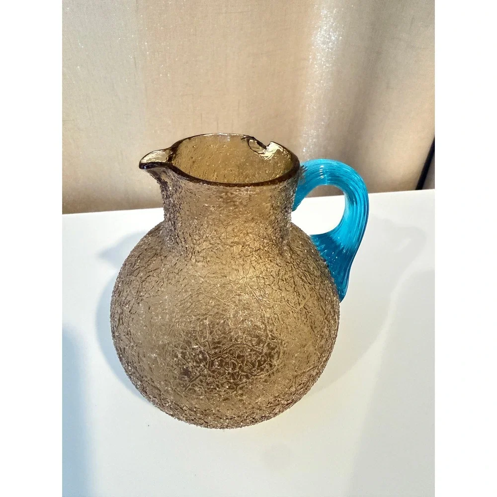 Antique 1860s‎ Overshot Glass Pitcher Amber Turquoise Blue Applied Handle 19th C